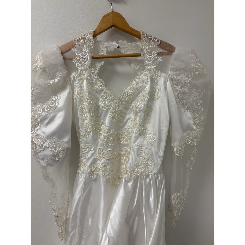 Vtg San Martin Wedding Dress Long Sleeve Train Lace Embroidered Tulle Sz 6/8